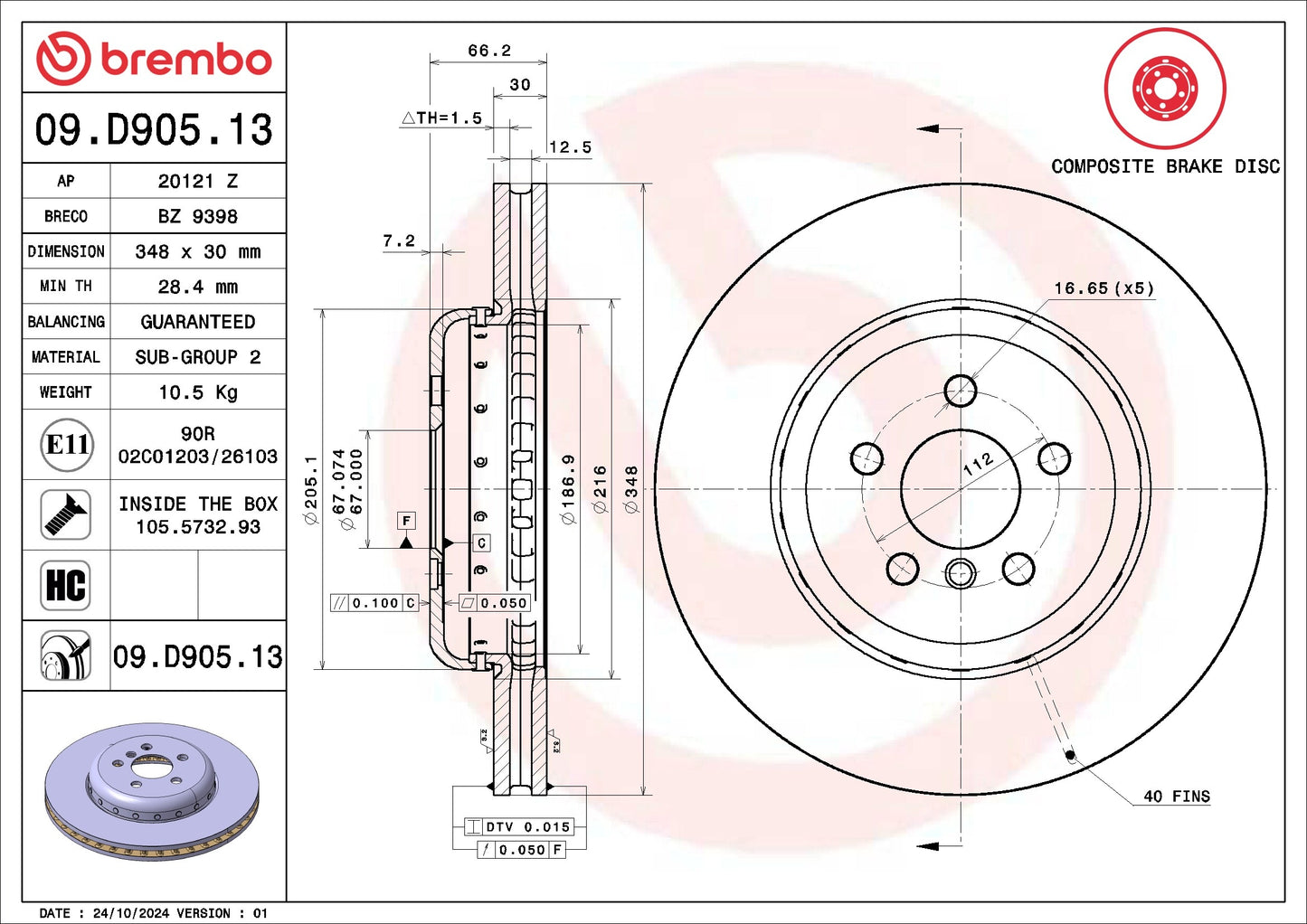 Brembo OE Brembo 18-20 BMW 530e/530e xDrive/19-21 X5 Front Premium UV Coated OE Equivalent Rotor 09.D905.13