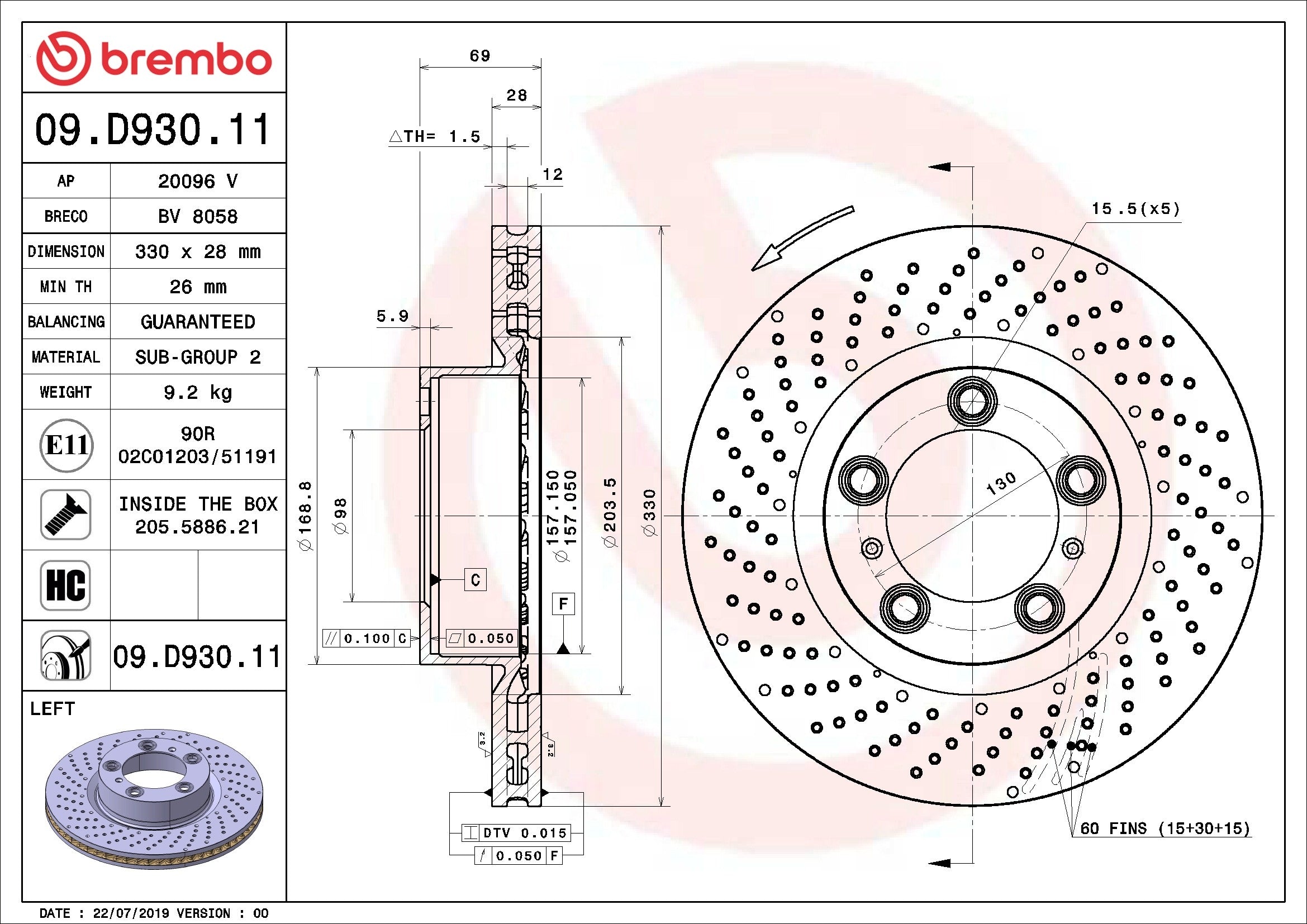 Brembo OE Brembo 18-22 Jeep Wrangler Rear UV Coated Rotor 09.D930.11