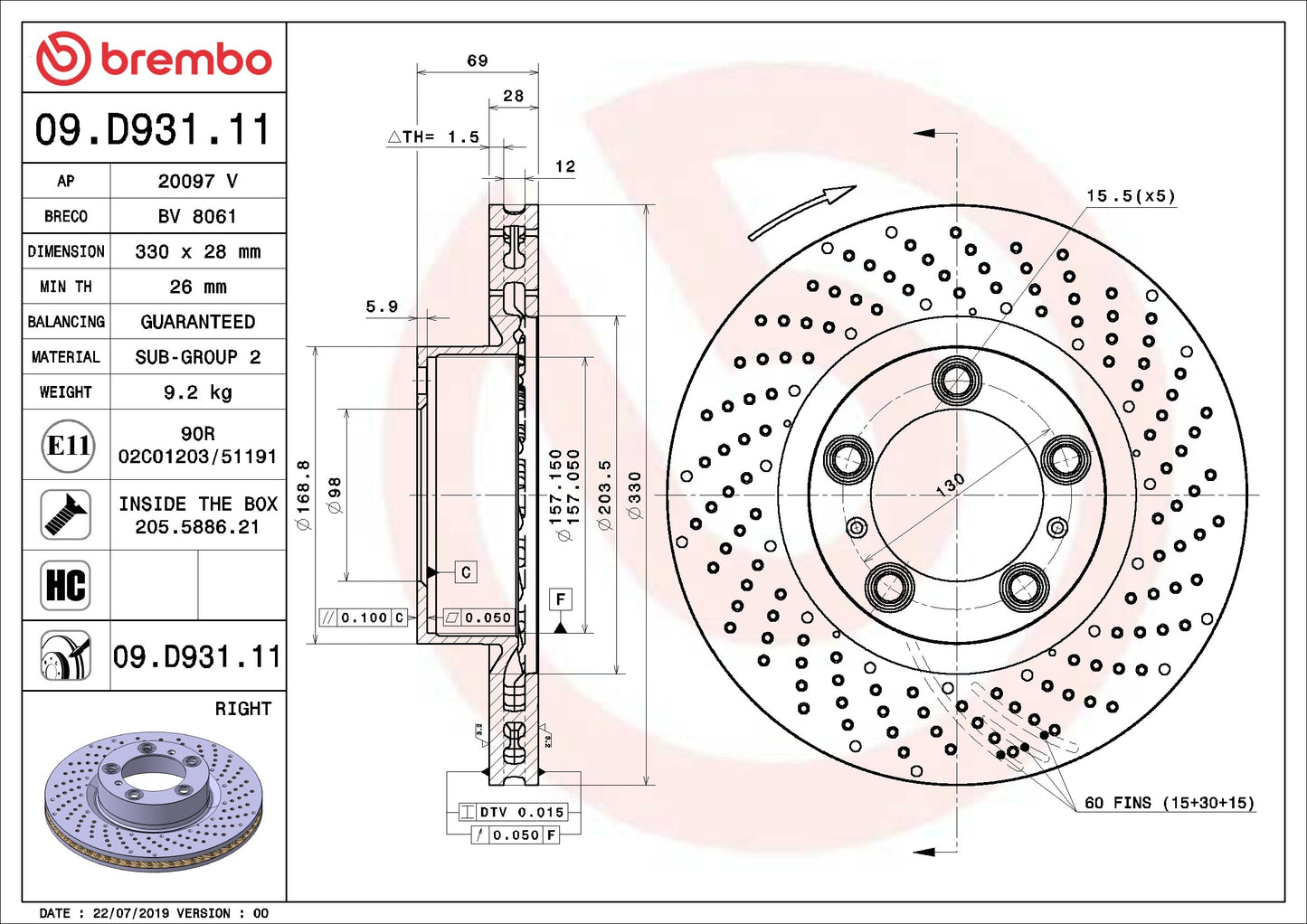 Brembo OE Brembo 18-22 Jeep Wrangler Rear UV Coated Rotor 09.D931.11