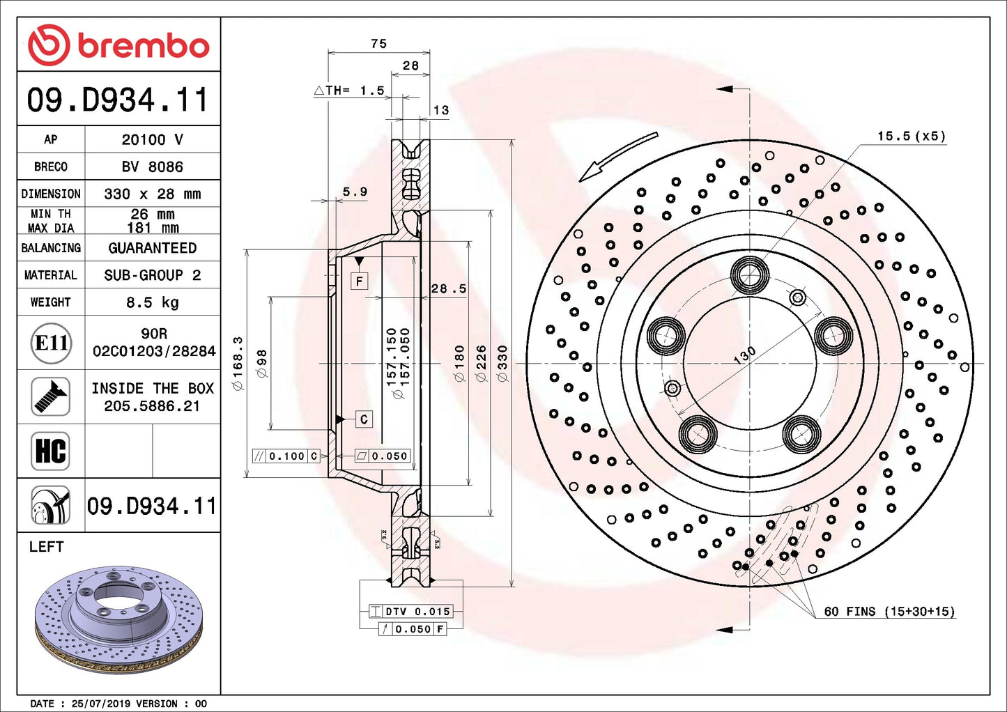 Brembo OE Brembo 12-16 Porsche 911 Rear Left Premium UV Coated OE Equivalent Rotor 09.D934.11