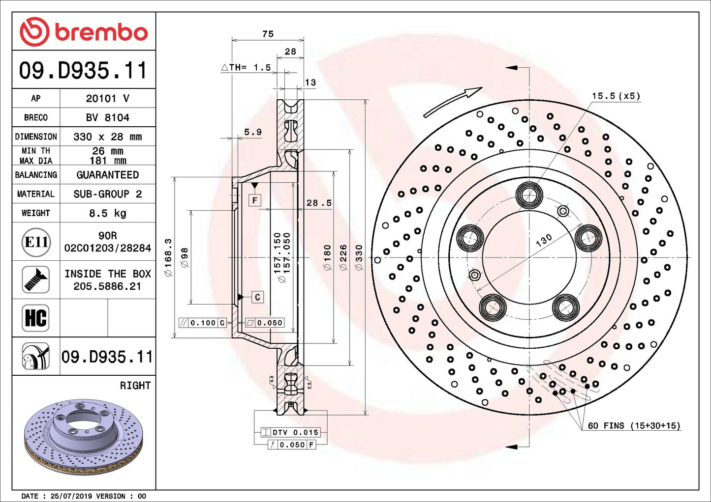 Brembo OE Brembo 12-16 Porsche 911 Rear Right Premium UV Coated OE Equivalent Rotor 09.D935.11