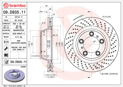 Brembo OE Brembo 12-16 Porsche 911 Rear Right Premium UV Coated OE Equivalent Rotor 09.D935.11