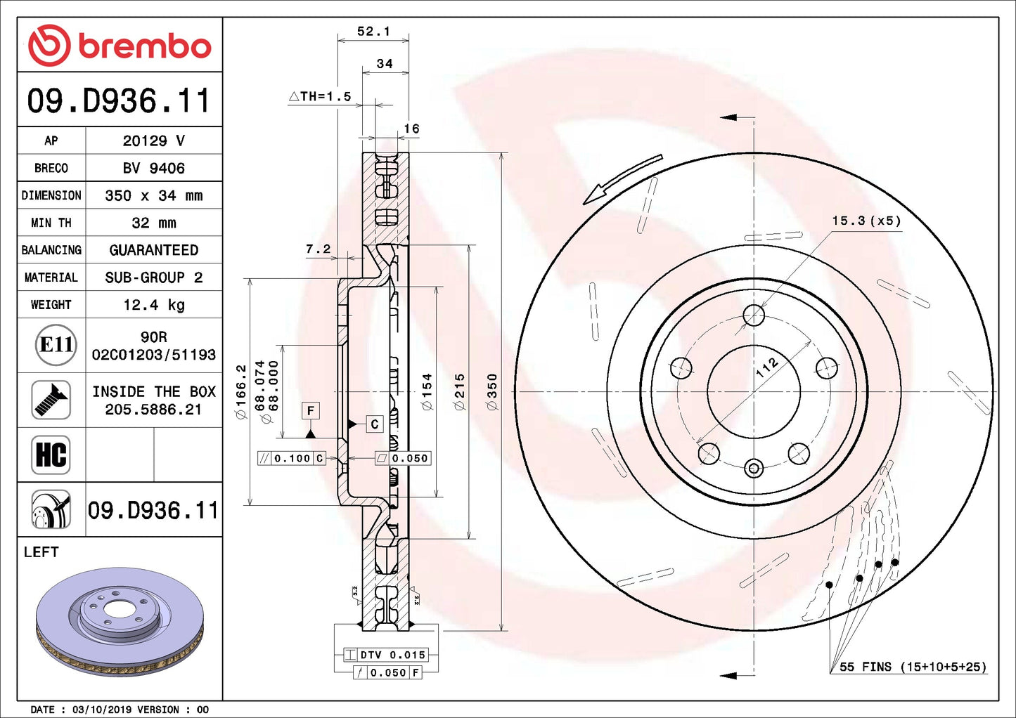 Brembo OE Brembo 19-22 Volvo XC40 Rear UV Coated Rotor 09.D936.11
