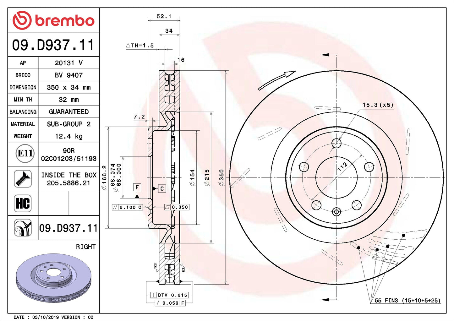 Brembo OE Brembo 07-09 Kia Sorento Rear Standard Rotor 09.D937.11