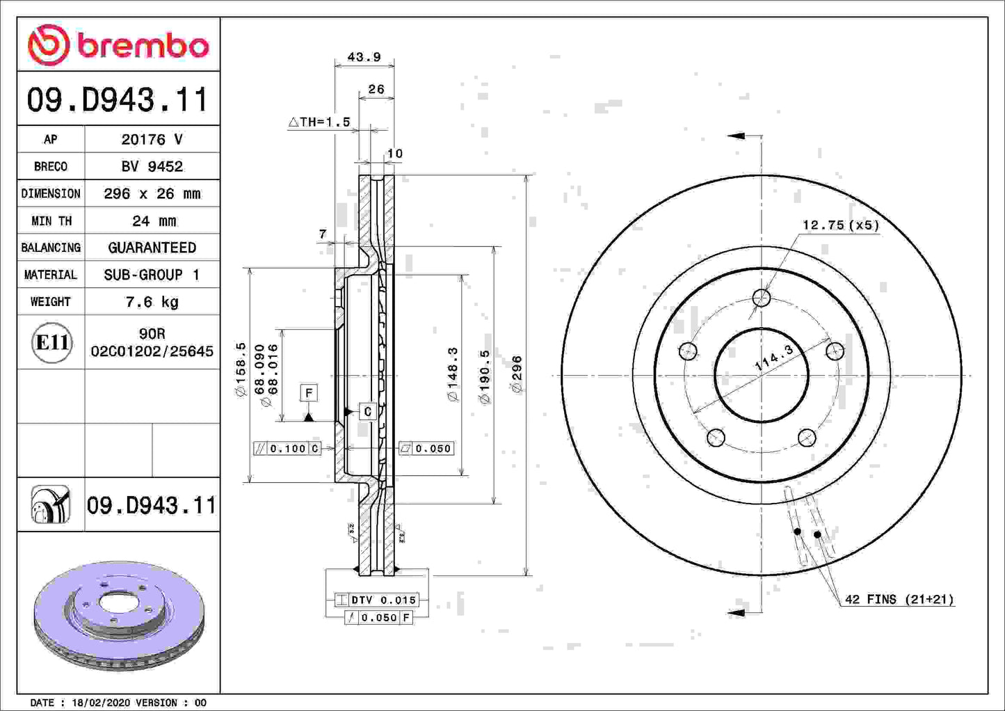 Brembo OE Brembo 16-22 Lexus RX350/18-22 RX350L/16-22 RX450h/20-21 Toyota Avalon Front UV Coated Rotor 09.D943.11