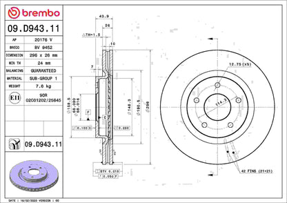 Brembo OE Brembo 16-22 Lexus RX350/18-22 RX350L/16-22 RX450h/20-21 Toyota Avalon Front UV Coated Rotor 09.D943.11