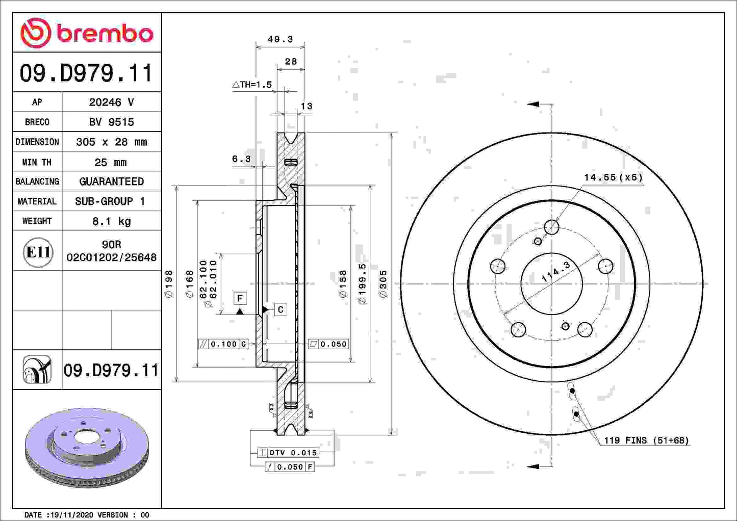 Brembo OE Brembo 2022 Volvo C40 Recharge/21-22 Volvo XC40 Recharge/16-22 Volvo XC90 Rear UV Coated Rotor 09.D979.11