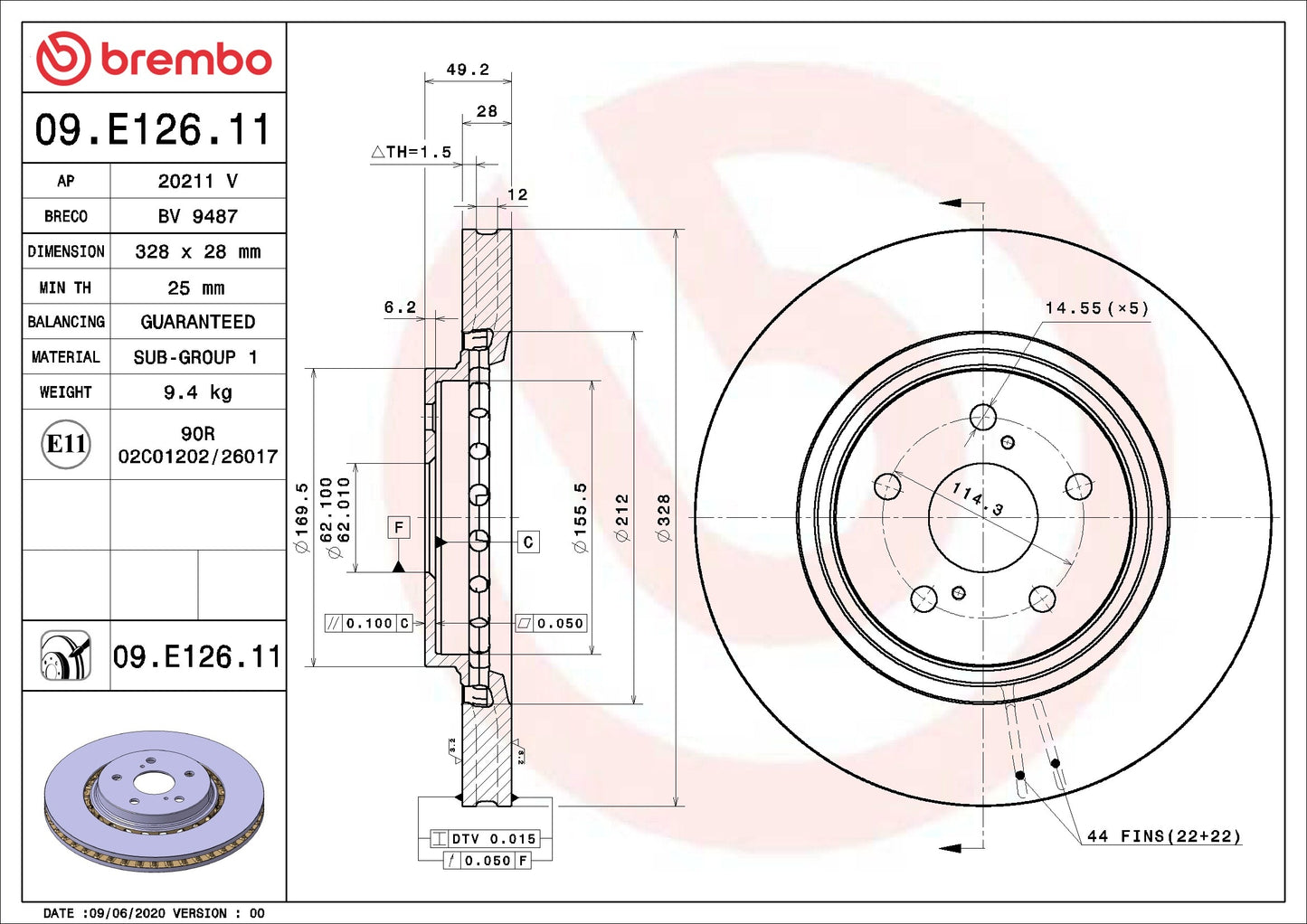 Brembo OE Brembo 13-18 Volvo S60/16-18 Volvo S60 Cross Country/15-16 Volvo XC70 Front UV Coated Rotor 09.E126.11