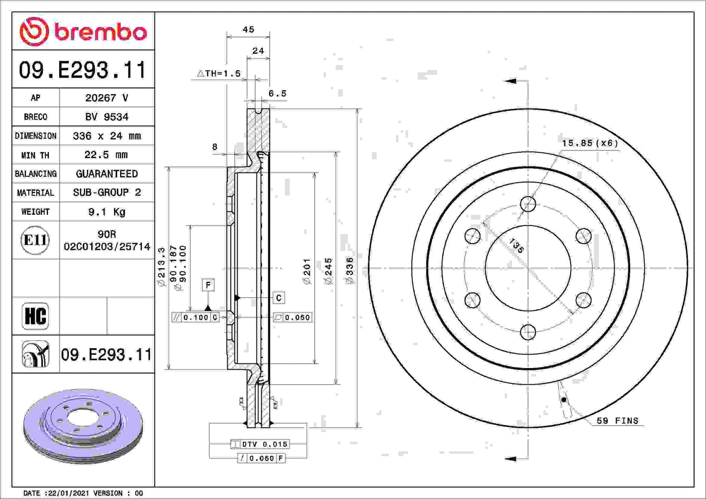 Brembo OE Brembo 08-21 Lexus LX570/Toyota Land Cruiser/08-22 Sequoia/07-21 Tundra Rear UV Coated Rotor 09.E293.11