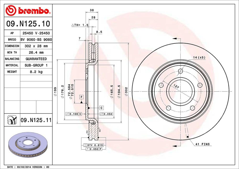 Brembo OE Brembo 08-11 Chrysler Town & Country/Dodge Grand Caravan Front Premium UV Coated OE Equivalent Rotor 09.N125.11