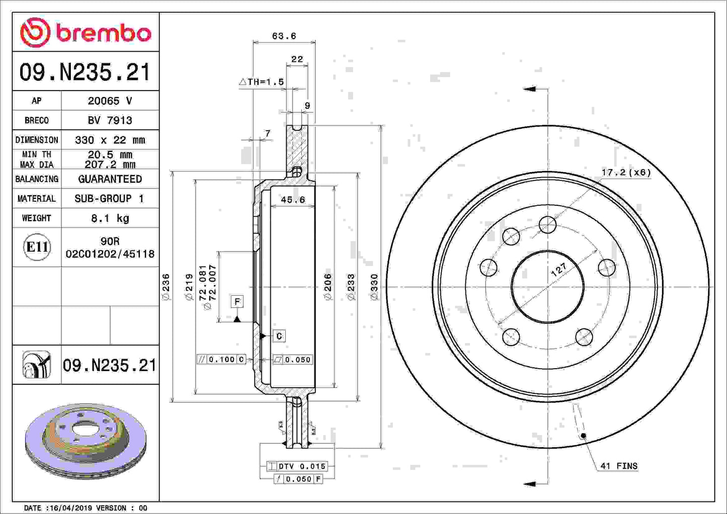 Brembo OE Brembo 11-20 Dodge Durango Rear Premium UV Coated OE Equivalent Rotor 09.N235.21