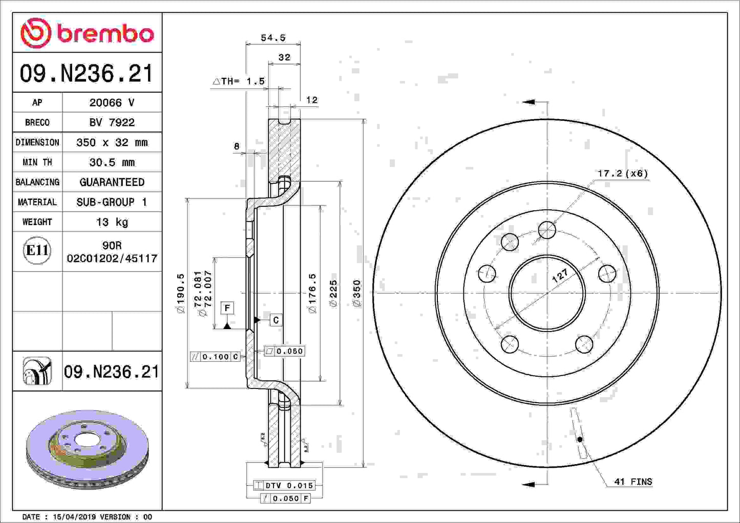 Brembo OE Brembo 11-20 Dodge Durango Front Premium UV Coated OE Equivalent Rotor 09.N236.21