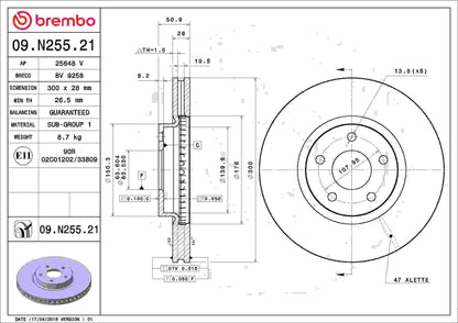 Brembo OE Brembo 13-20 Ford Fusion/13-16 Lincoln MKZ Front Premium UV Coated OE Equivalent Rotor 09.N255.21