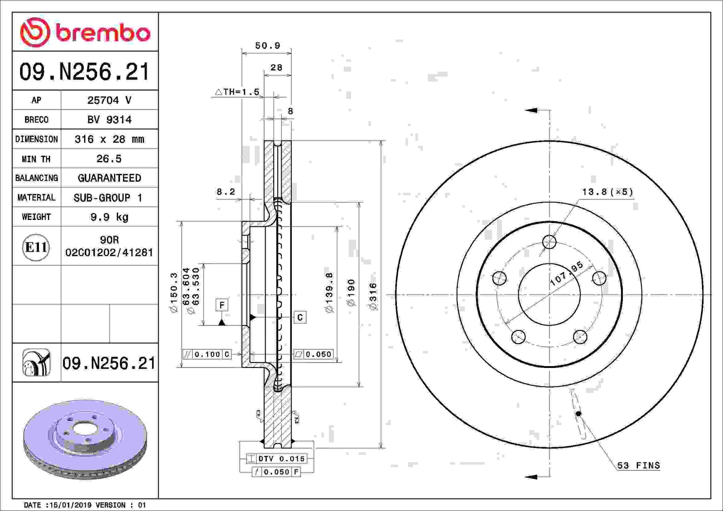 Brembo OE Brembo 13-19 Ford Fusion/13-16 Lincoln MKZ Front Premium UV Coated OE Equivalent Rotor 09.N256.21