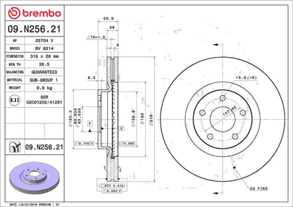 Brembo OE Brembo 13-19 Ford Fusion/13-16 Lincoln MKZ Front Premium UV Coated OE Equivalent Rotor 09.N256.21