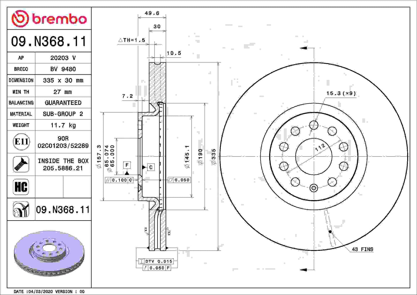 Brembo OE Brembo 21-22 Lexus ES250/19-22 Lexus ES300h/19-22 Lexus ES350/19-22 UX200 Front UV Coated Rotor 09.N368.11