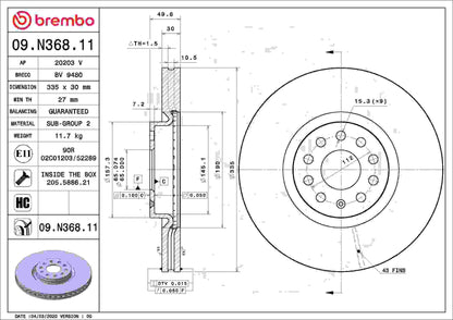 Brembo OE Brembo 21-22 Lexus ES250/19-22 Lexus ES300h/19-22 Lexus ES350/19-22 UX200 Front UV Coated Rotor 09.N368.11