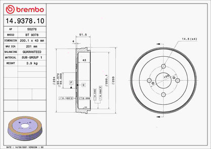 Brembo OE Brembo 04-06 Scion xA/xB Rear Premium OE Equivalent Brake Drum 14.9378.10