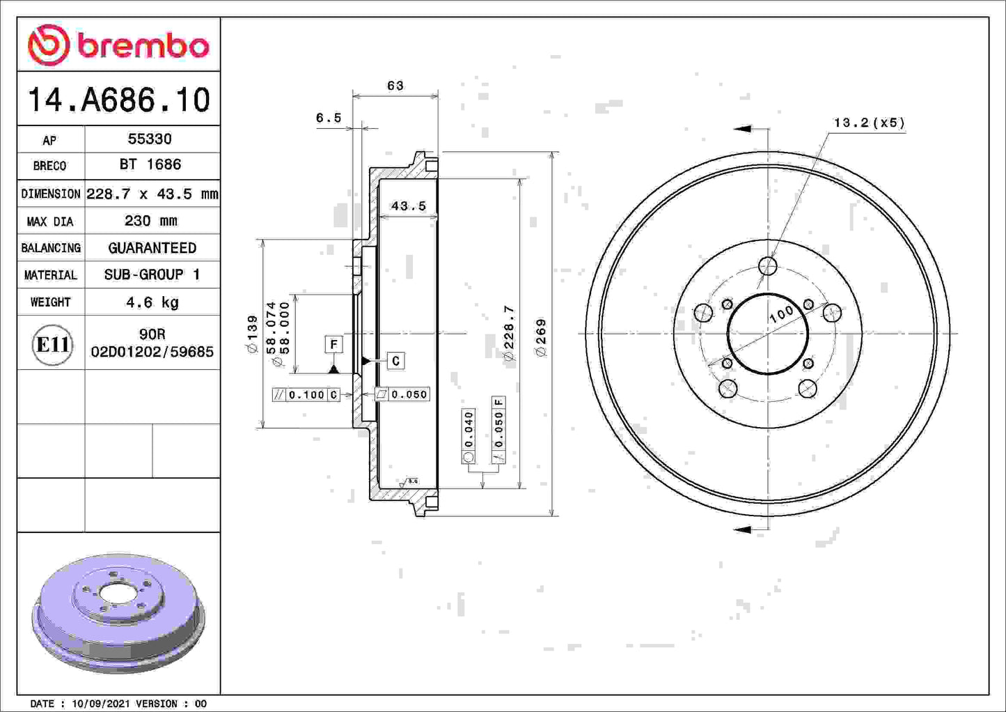 Brembo OE Brembo 98-00 Subaru Forester/93-01 Impreza/95-99 Legacy Rear Premium OE Equivalent Brake Drum 14.A686.10