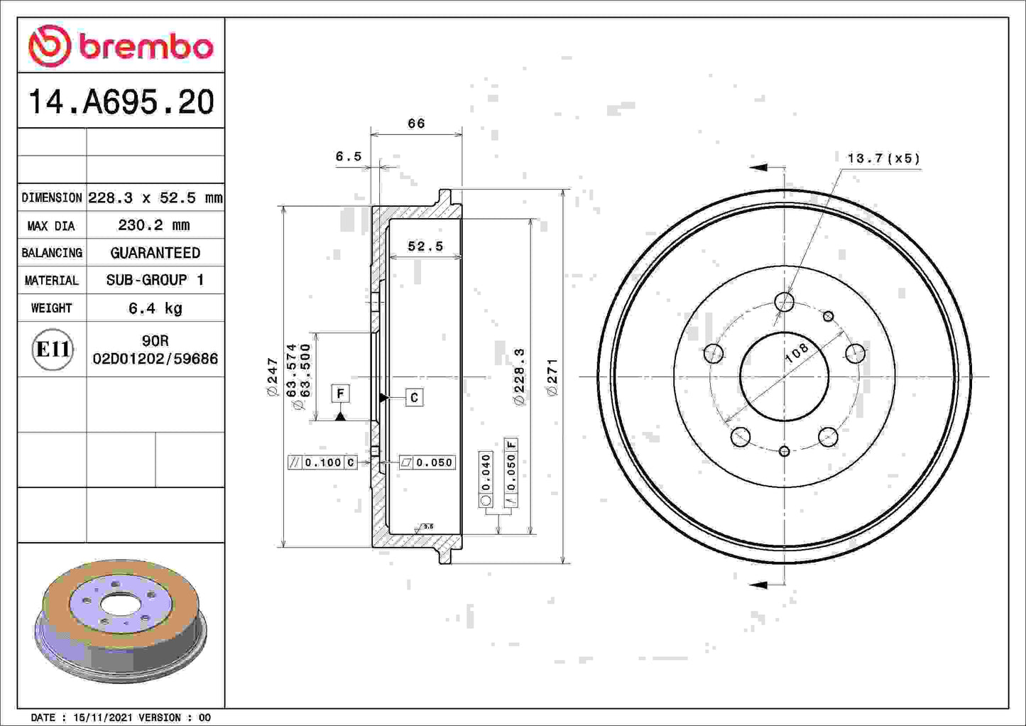 Brembo OE Brembo 2012 Ford Focus Rear Premium OE Equivalent Brake Drum 14.A695.20