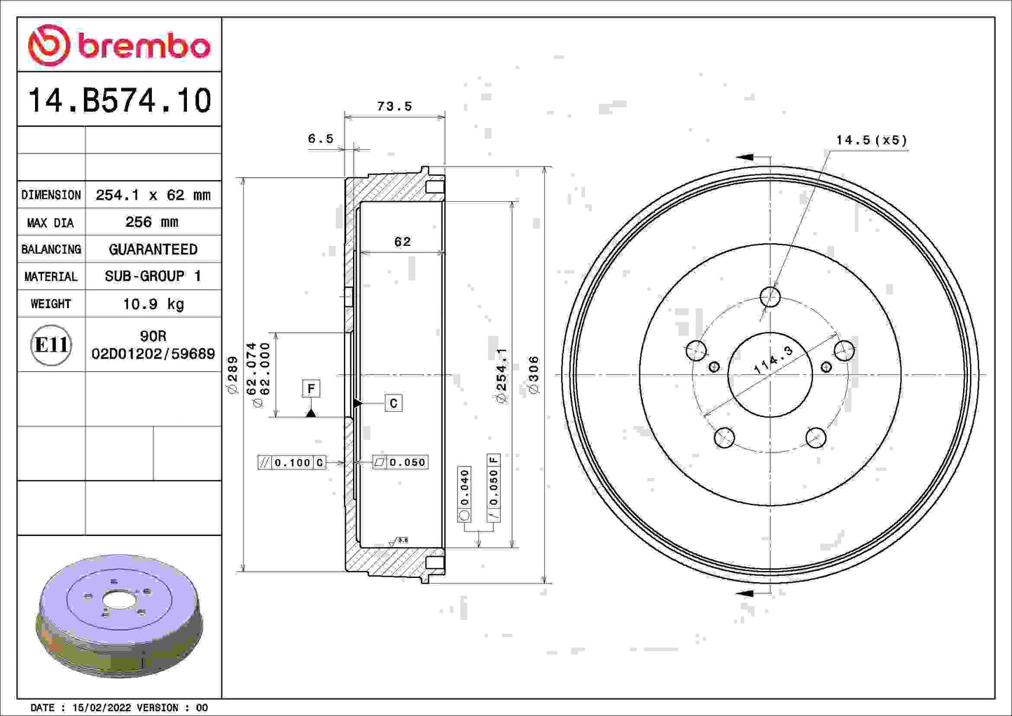 Brembo OE Brembo 04-08 Toyota Sienna Rear Premium OE Equivalent Brake Drum 14.B574.10