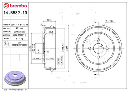 Brembo OE Brembo 05-08 Chevy Cobalt/07-08 Pontiac G5/03-07 Saturn Ion Rear Premium OE Equivalent Brake Drum 14.B582.10
