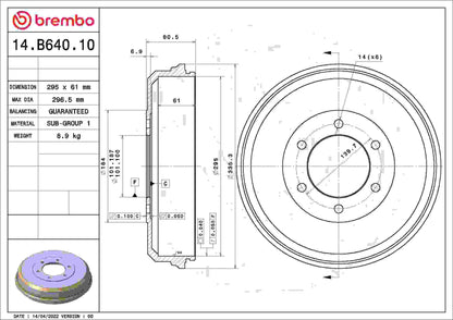 Brembo OE Brembo 04-12 Chevy Colorado/04-12 GMC Canyon/2006 Isuzu i-280 Rear Premium OE Equivalent Brake Drum 14.B640.10