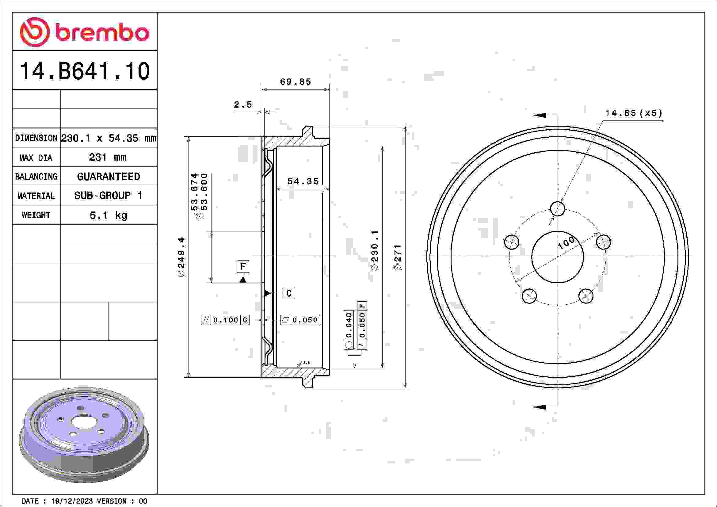 Brembo OE Brembo 03-05 Chevrolet Cavalier/03-05 Pontiac Sunfire Rear Premium OE Equivalent Brake Drum 14.B641.10