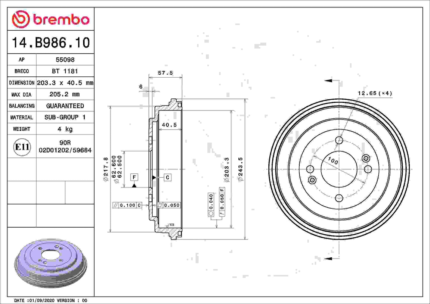 Brembo OE Brembo 06-11 Hyundai Accent/Kia Rio/Rio5 Rear Premium OE Equivalent Brake Drum 14.B986.10