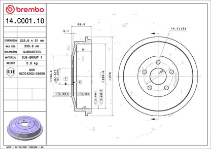 Brembo OE Brembo 04-09 Chrysler PT Cruiser Rear Premium OE Equivalent Brake Drum 14.C001.10
