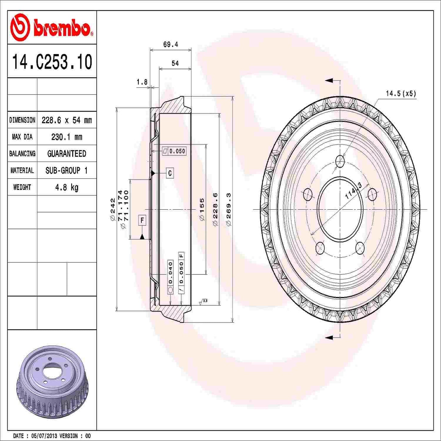 Brembo OE Brembo 00-09 Ford Ranger/01-09 Mazda B2300/98-01 B2500 Rear Premium OE Equivalent Brake Drum 14.C253.10
