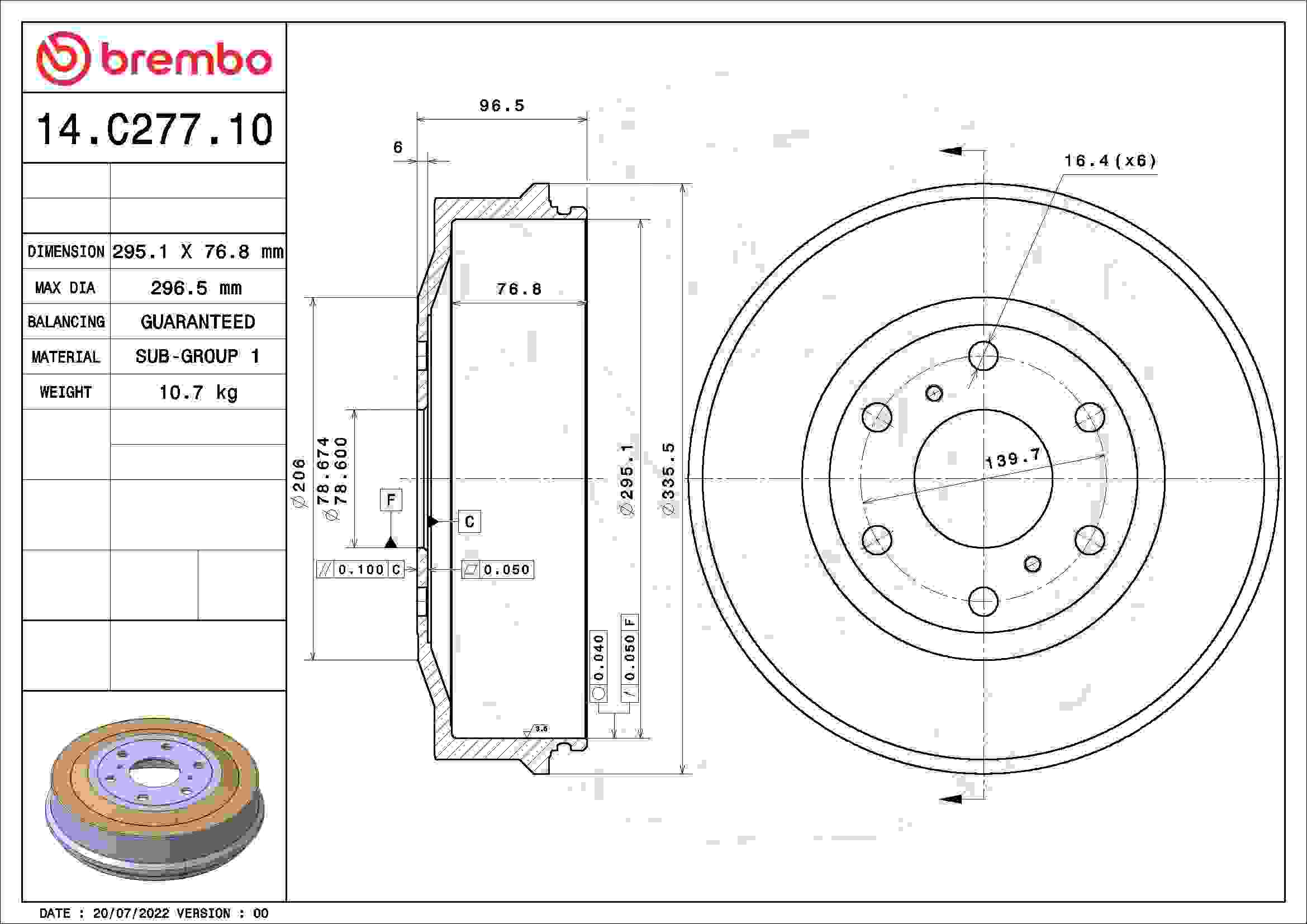 Brembo OE Brembo 09-13 Chevrolet Silverado 1500/GMC Sierra 1500 Rear Premium OE Equivalent Brake Drum 14.C277.10