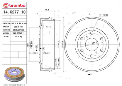 Brembo OE Brembo 09-13 Chevrolet Silverado 1500/GMC Sierra 1500 Rear Premium OE Equivalent Brake Drum 14.C277.10