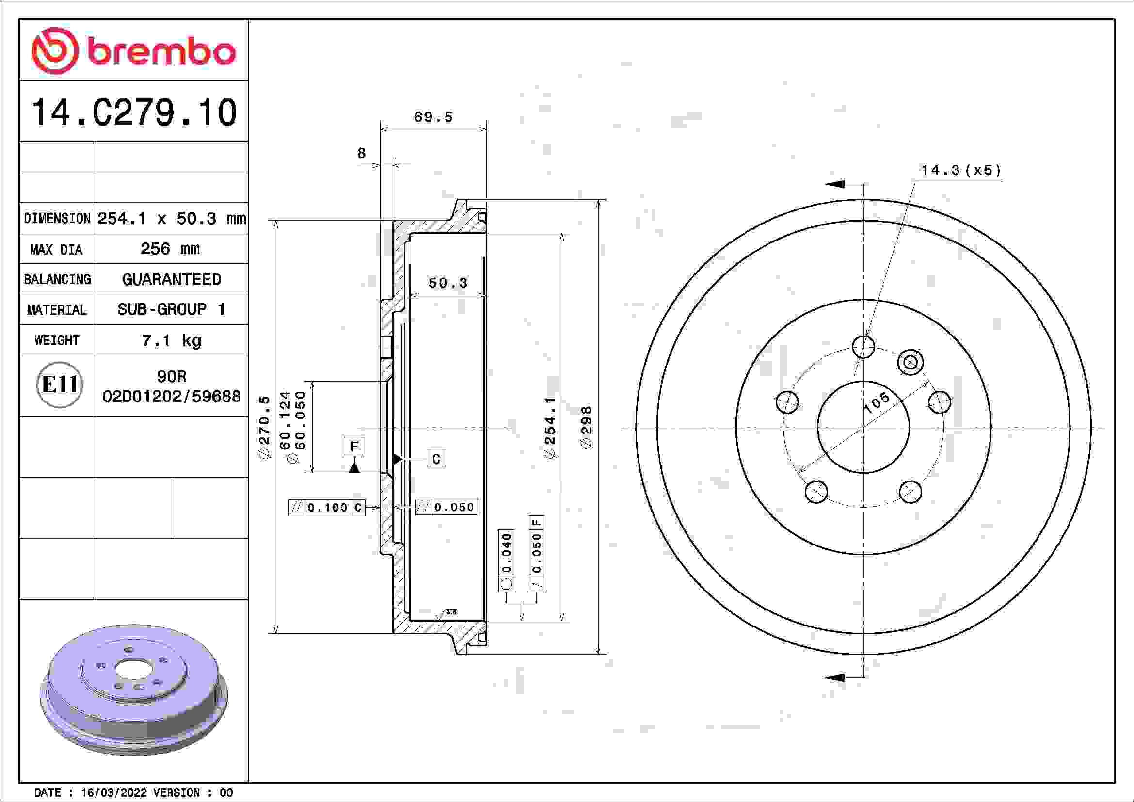 Brembo OE Brembo 11-14 Chevrolet Cruze Rear Left Brake Drum 14.C279.10
