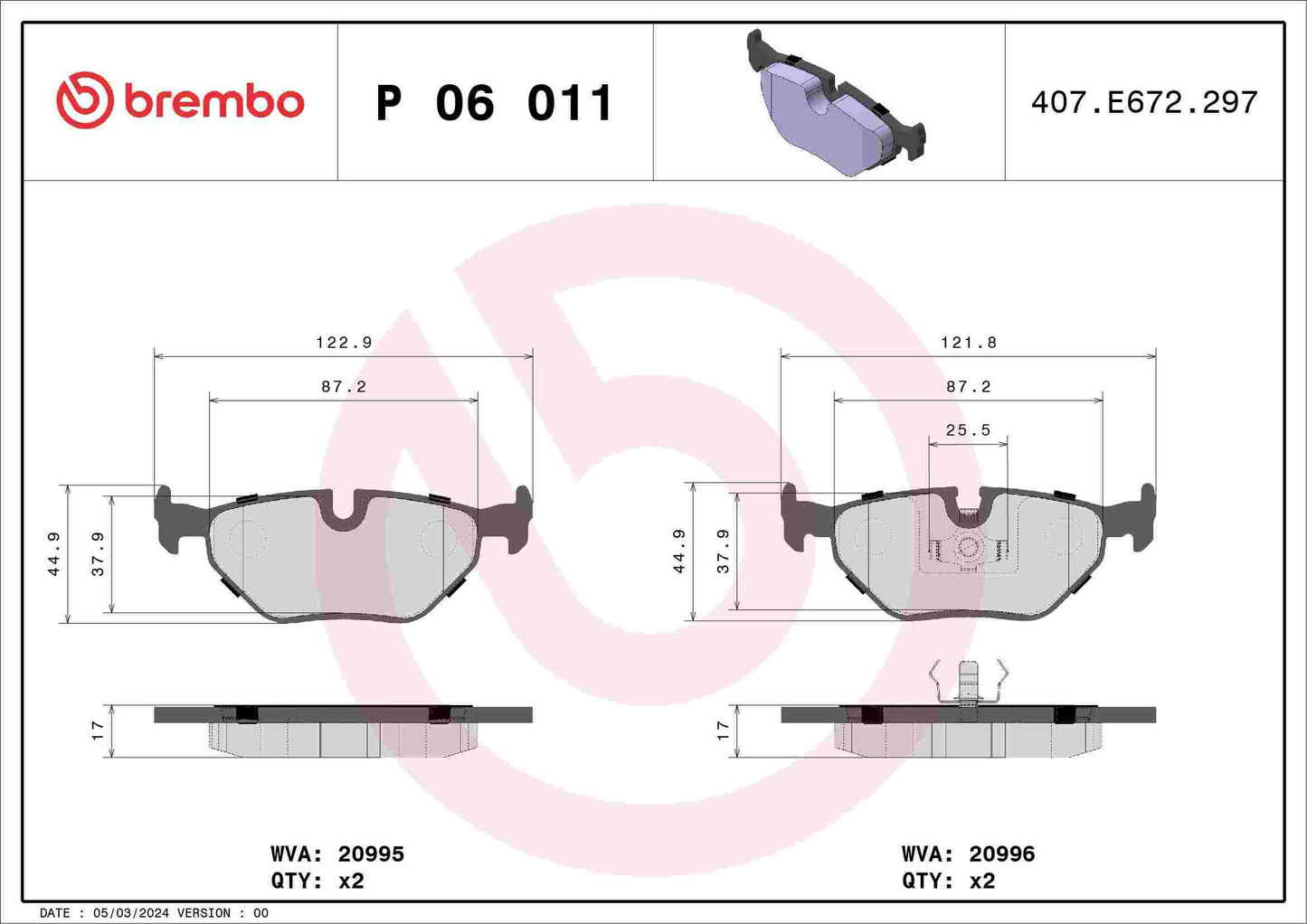 Brembo OE Brembo 90-95 BMW 525i Premium Low-Met OE Equivalent Pad - Rear P06011