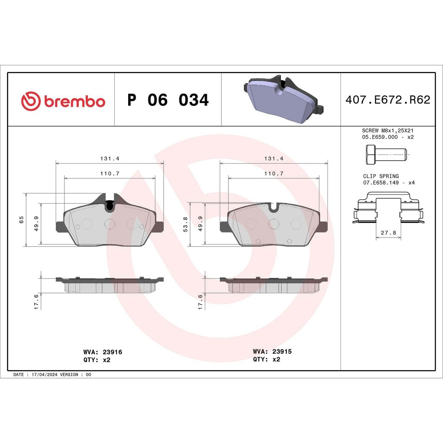 Brembo OE Brembo 07-21 Mini Cooper Front Prem. NAO Ceramic OE Equivalent Pad P06034