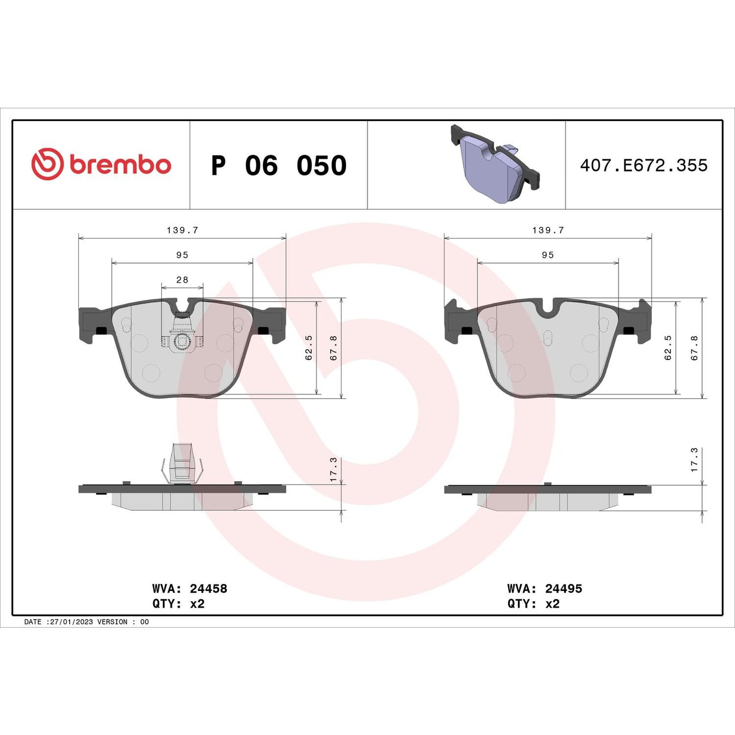 Brembo OE Brembo 10-13 BMW X5/15-18 X/10-19 X6 Rear Premium Low-Met OE Equivalent Pad P06050