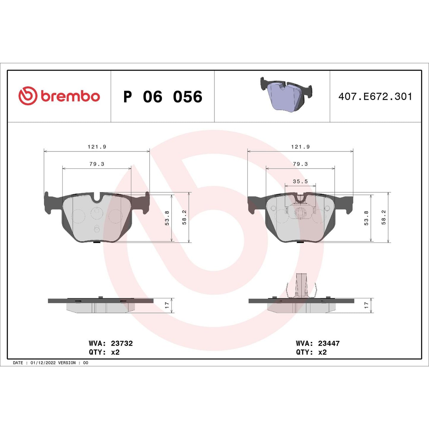Brembo OE Brembo 07-18 BMW X5/09-19 X6 Rear Premium Low-Met OE Equivalent Pad P06056
