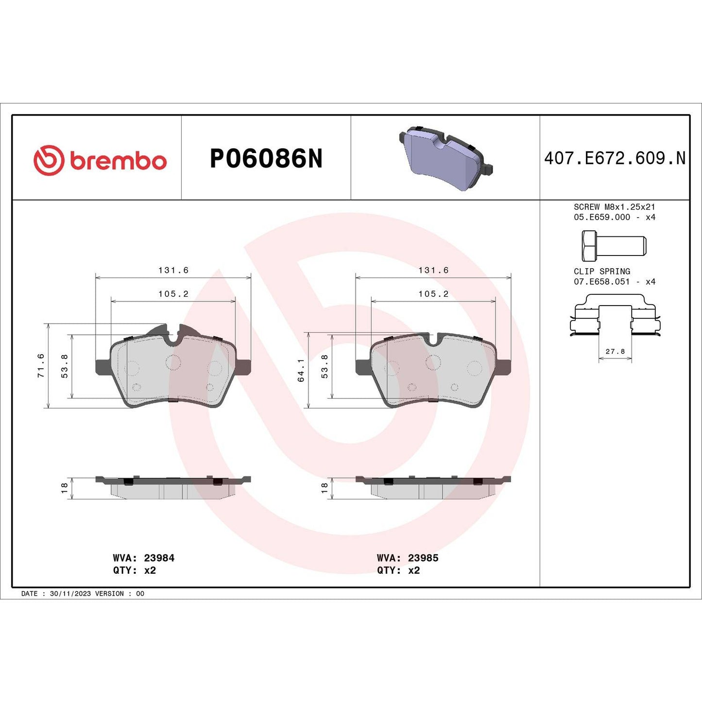 Brembo OE Brembo 02-10 Mini Cooper/11-16 Cooper Countryman Front Premium NAO Ceramic OE Equivalent Pad P06086N