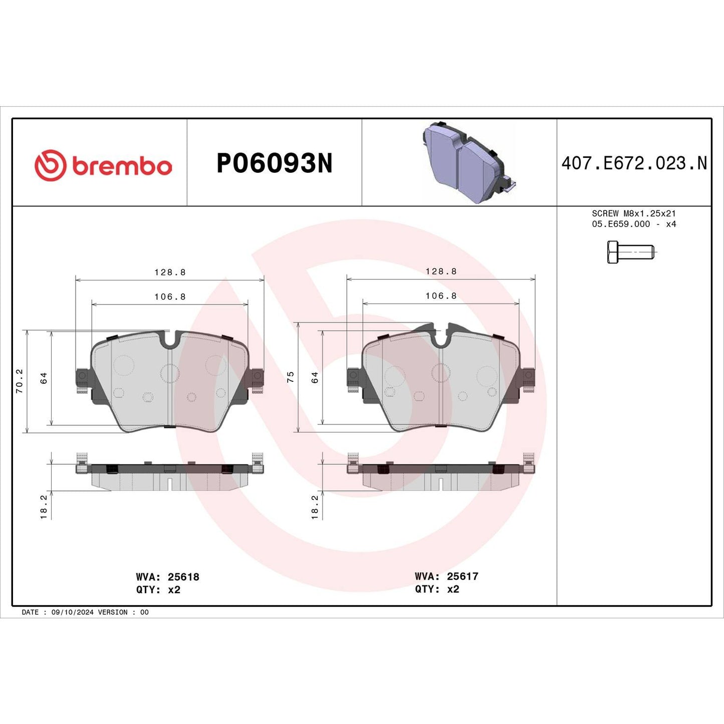 Brembo OE Brembo 20-21 BMW 228i xDrive Gran Coupe Premium NAO Ceramic OE Equivalent Pad - Front P06093N