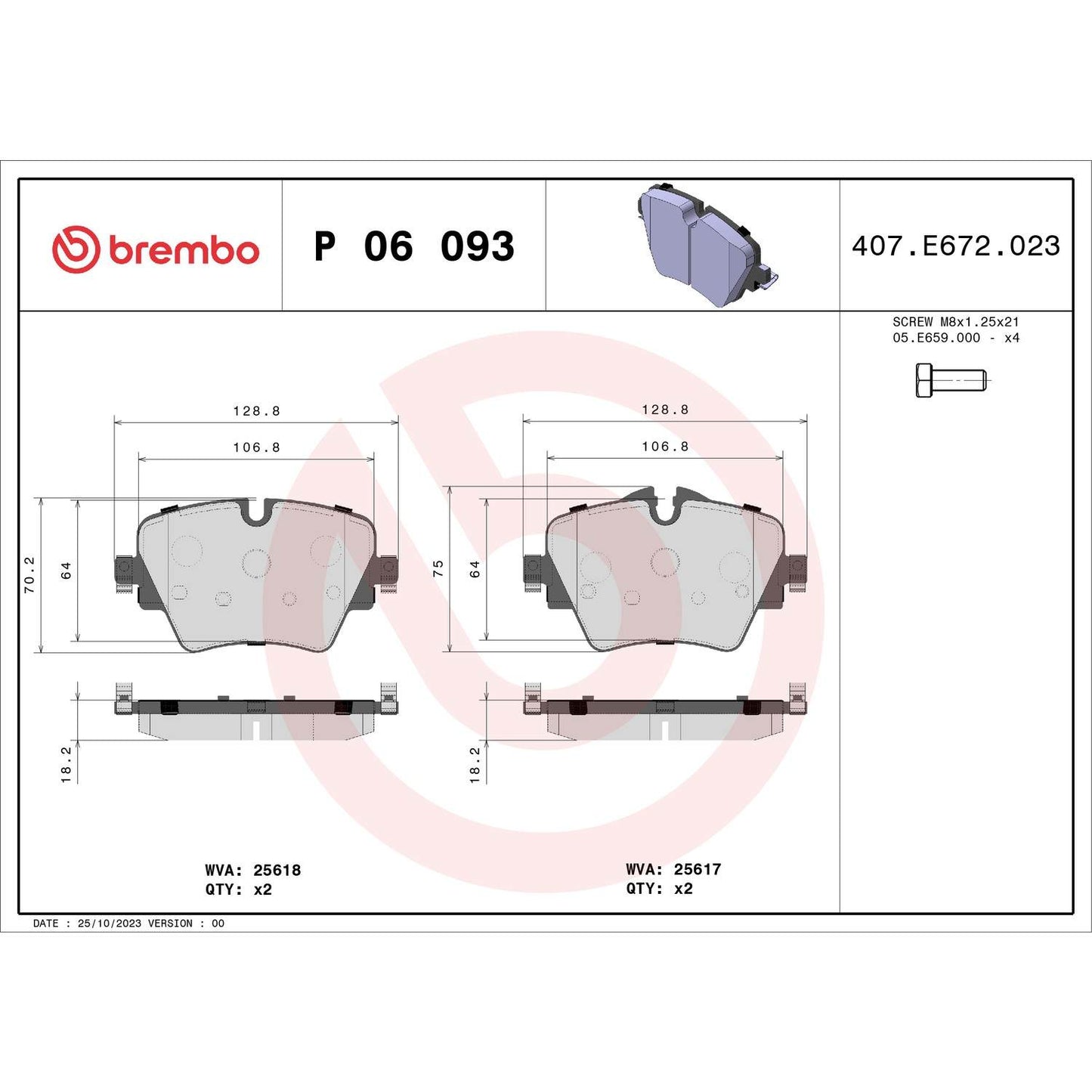 Brembo OE Brembo 20-21 BMW 228i xDrive Gran Coupe Premium Low-Met OE Equivalent Pad - Front P06093