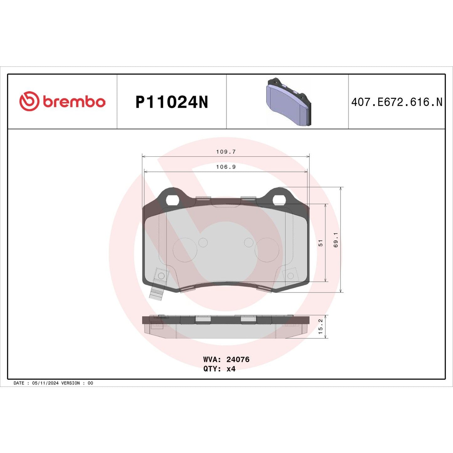 Brembo OE Brembo 04-07 Cadillac CTS Premium NAO Ceramic OE Equivalent Pad - Rear P11024N