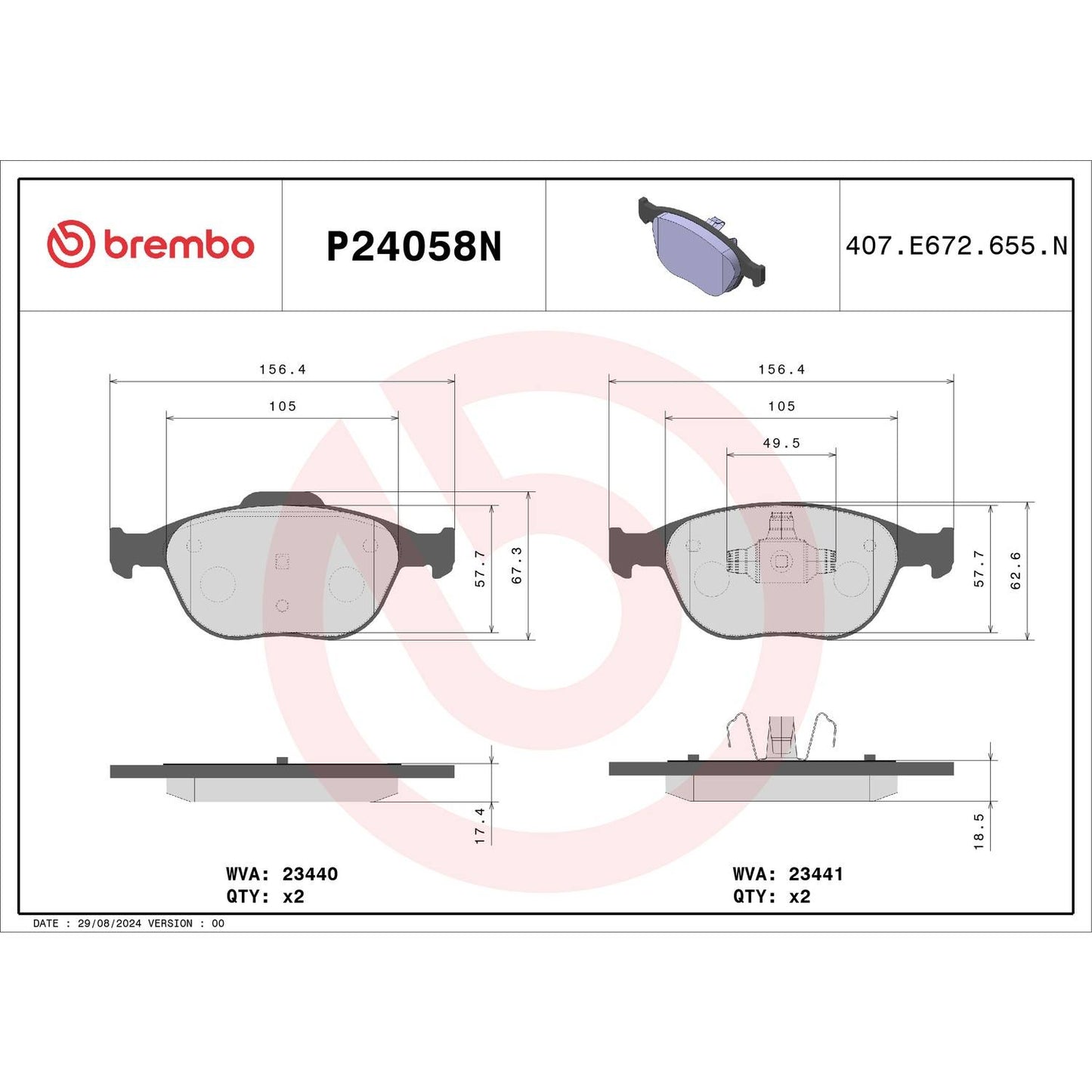 Brembo OE Brembo 02-04 Ford Focus/10-13 Transit Connect Front Premium NAO Ceramic OE Equivalent Pad P24058N