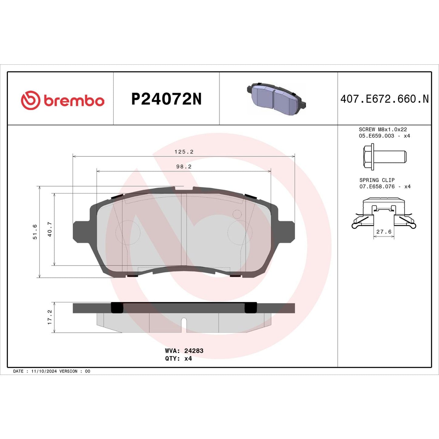 Brembo OE Brembo 11-19 Ford Fiesta Front Premium NAO Ceramic OE Equivalent Pad P24072N