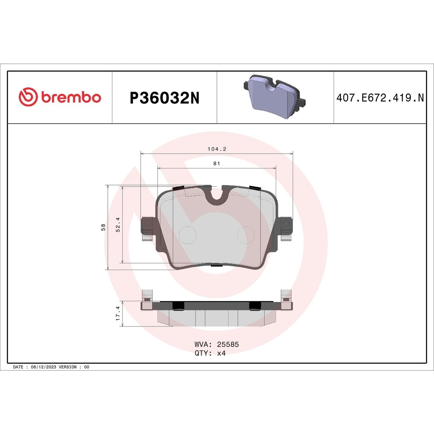 Brembo OE Brembo 14-21 Jaguar F- Type/16-19 Xj Rear Premium NAO Ceramic OE Equivalent Pad P36032N