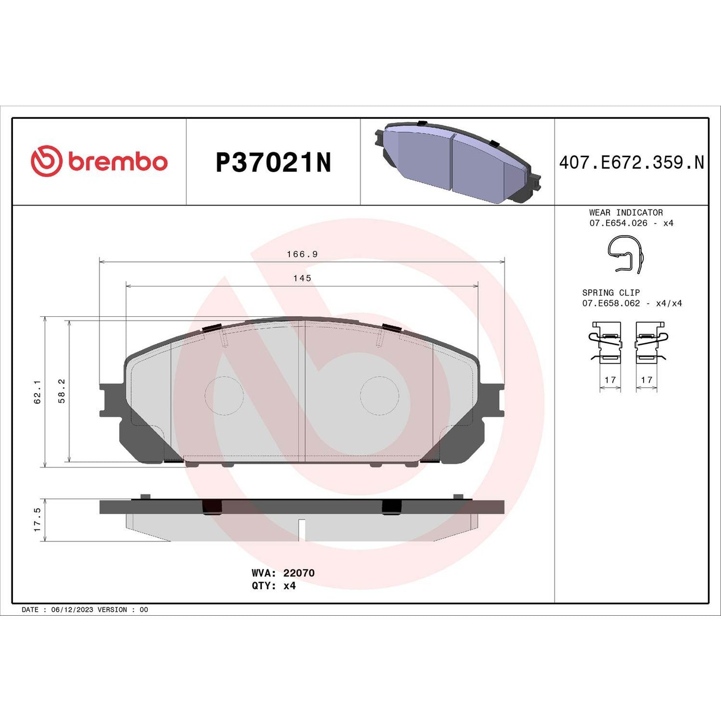 Brembo OE Brembo 14-20 Jeep Cherokee Front Premium NAO Ceramic OE Equivalent Pad P37021N