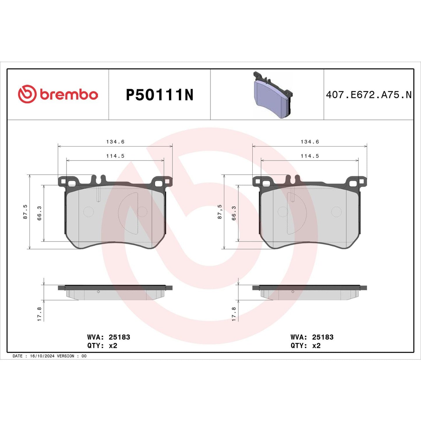 Brembo OE Brembo 15-16 Mercedes-Benz SL400/17-20 SL450/13-20 SL550 Front Premium NAO Ceramic OE Equivalent Pad P50111N