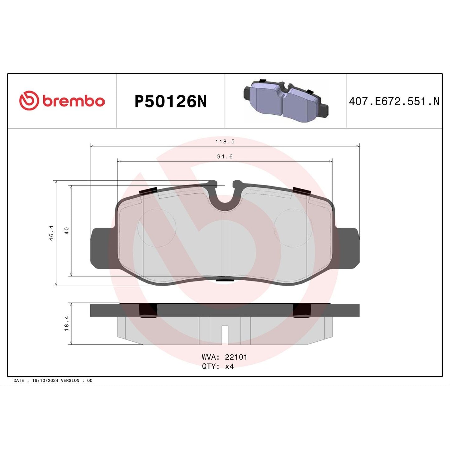 Brembo OE Brembo 16-20 Mercedes-Benz Metris Rear Premium NAO Ceramic OE Equivalent Pad P50126N