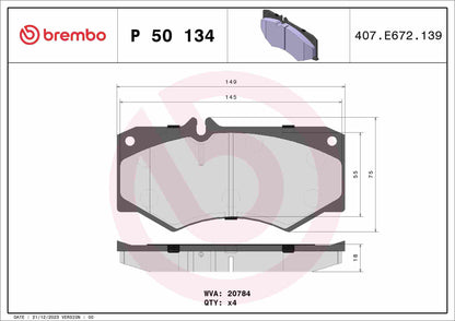 Brembo OE Brembo 03-04 Mercedes-Benz G55 AMG/02-08 G500/09-18 G550 Front Premium Low-Met OE Equivalent Pad P50134