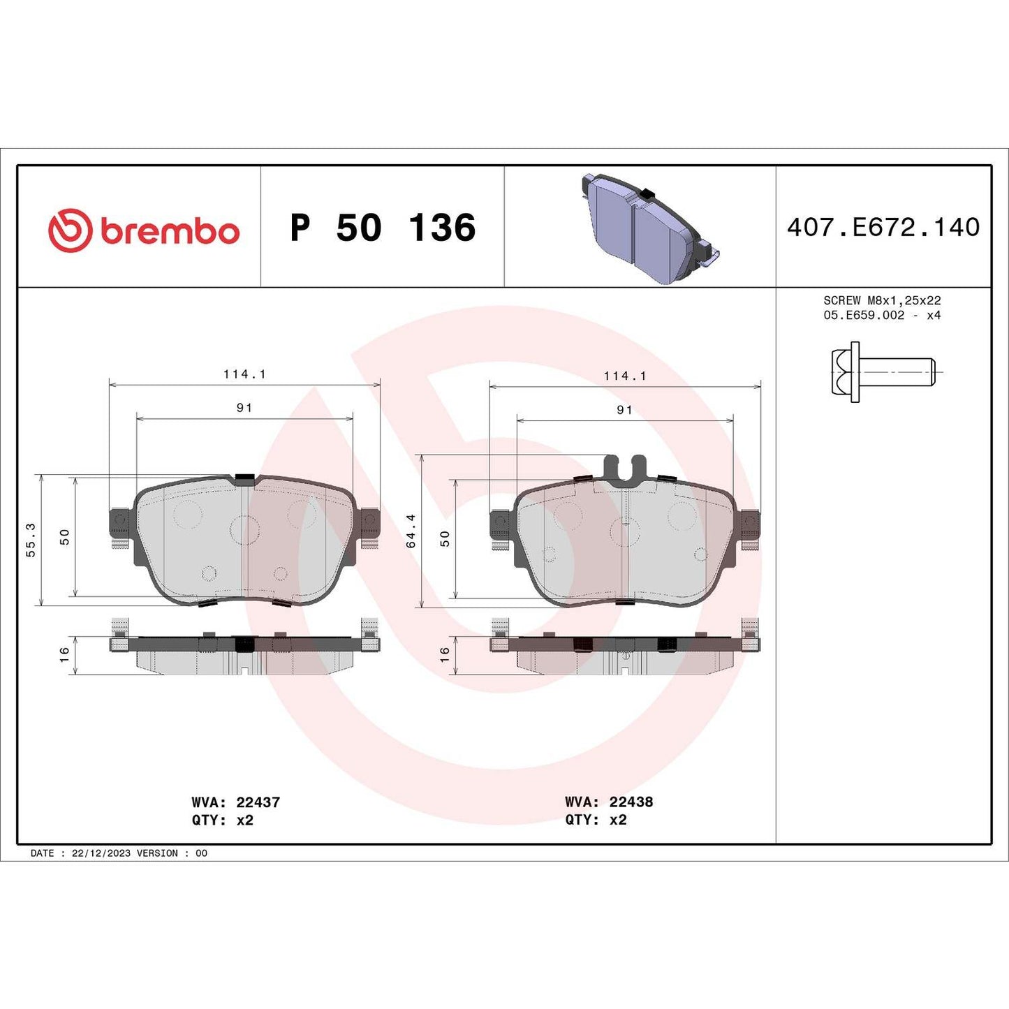Brembo OE Brembo 17-19 Mercedes-Benz E300/2020 E350 Rear Premium Low-Met OE Equivalent Pad P50136